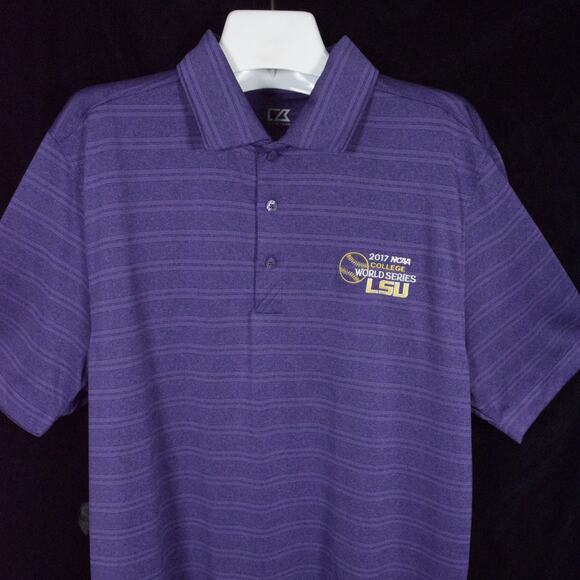 LSU Purple Striped Polo 2017 College World Series Baseball Cutter & Buck Sz L - Picture 2 of 8